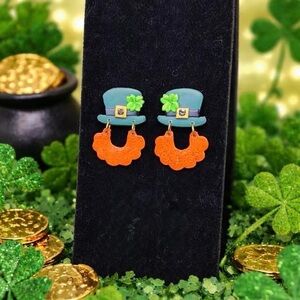 Artisan Made Lucky Charm Green and Orange Earrings Polymer Clay Hand Made